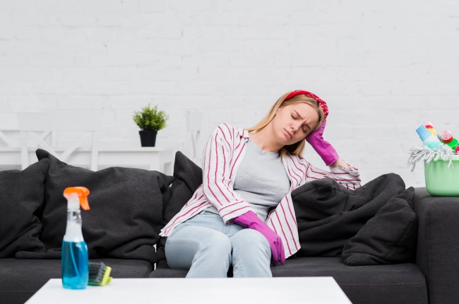 High angle woman cleaning house