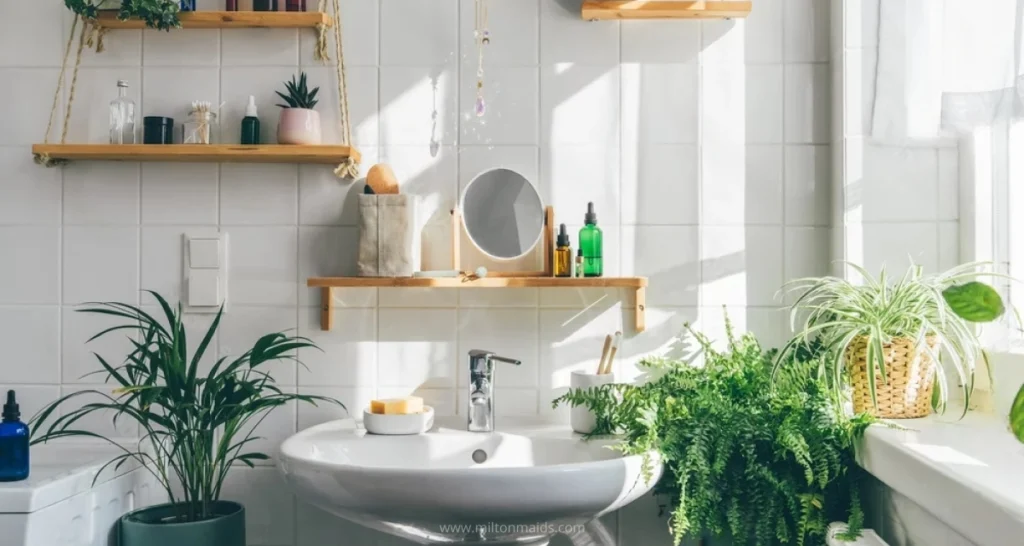 Clean bathroom filled with toiletries and plants